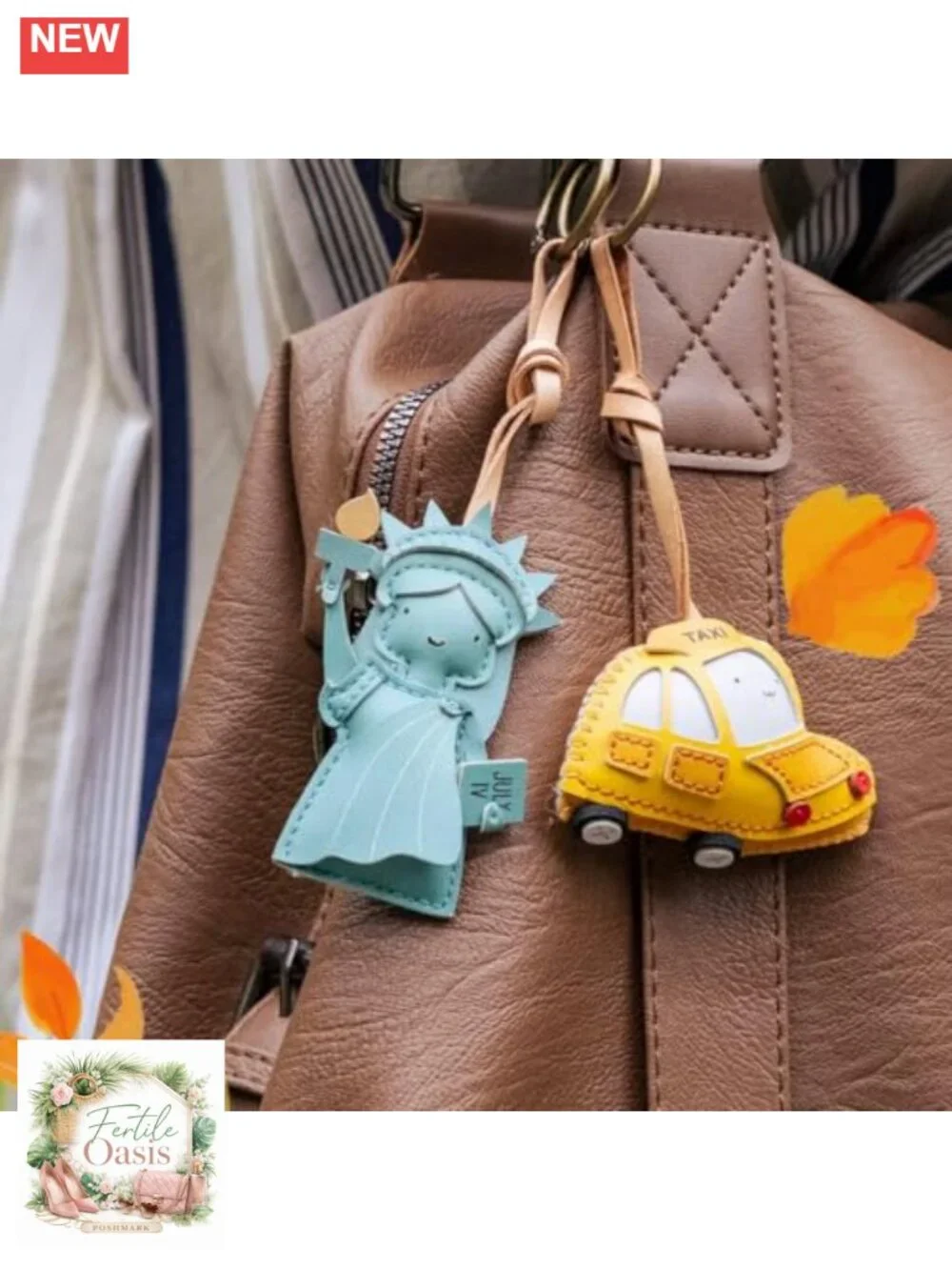 Travel Icon Leather Charm Keychain - Hand-Sewn Bag Charm for Car, Backpack